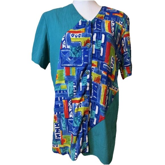 C.M. Shapes Multi Color Geometric Blouse Button Up Woman Size Medium Made in USA - Picture 1 of 2